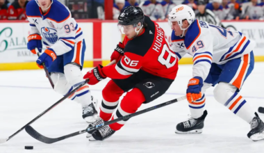 Jack Hughes beats the Edmonton Oilers' defense to give the New Jersey Devils a lead in the second period of the Saturday, October 18, game at the Prudential Center.