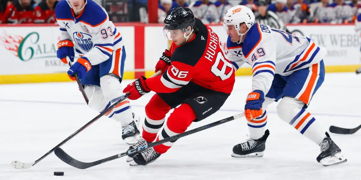 Jack Hughes beats the Edmonton Oilers' defense to give the New Jersey Devils a lead in the second period of the Saturday, October 18, game at the Prudential Center.