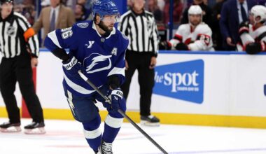 Tampa Bay Lightning defenseman Victor Hedman (77) handles the puck during the second period against the Detroit Red Wings at Little Caesars Arena.