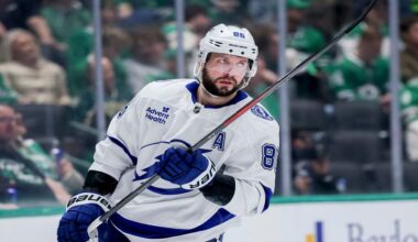 FILE - Tampa Bay Lightning right wing Nikita Kucherov (86) skates around the goal during a timeout during an NHL hockey game against the Dallas Stars in Dallas, March 20, 2025. (AP Photo/Gareth Patterson, File)
