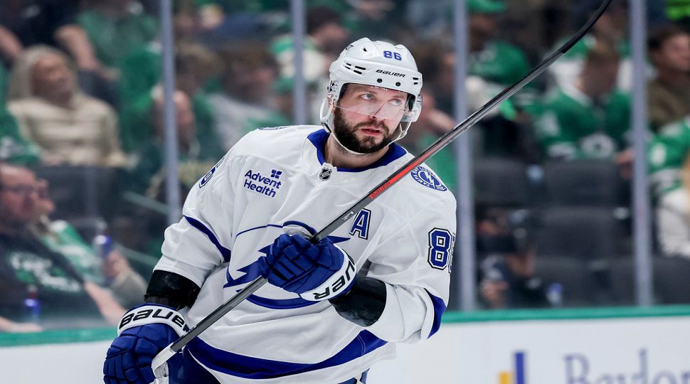 FILE - Tampa Bay Lightning right wing Nikita Kucherov (86) skates around the goal during a timeout during an NHL hockey game against the Dallas Stars in Dallas, March 20, 2025. (AP Photo/Gareth Patterson, File)