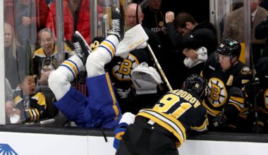 Nikita Zadorov dumped Sabres defenseman Owen Power into the Bruins bench in the first period, much to the delight of the fans at TD Garden.