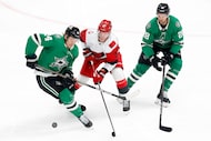 Dallas Stars center Roope Hintz (24) and defenseman Alexander Petrovic (28) keep the puck...