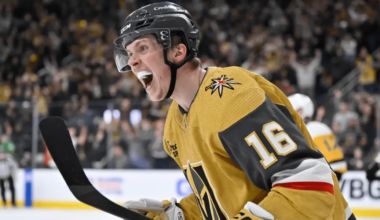 Pavel Dorofeyev celebrating a goal with the Vegas Golden Knights