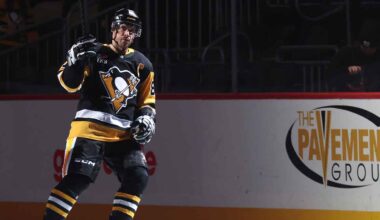 Evgeni Malkin in Pittsburgh Penguins gear with an arrow pointing to him wearing Florida Panthers gear. Amerant Bank Arena as the background image.