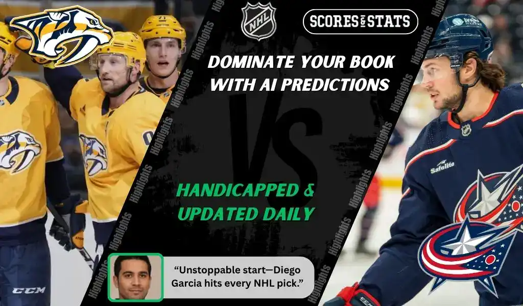 Nashville Predators players celebrate while Columbus Blue Jackets skater readies for play during NHL matchup promo for picks and predictions on October 9th, 2025.