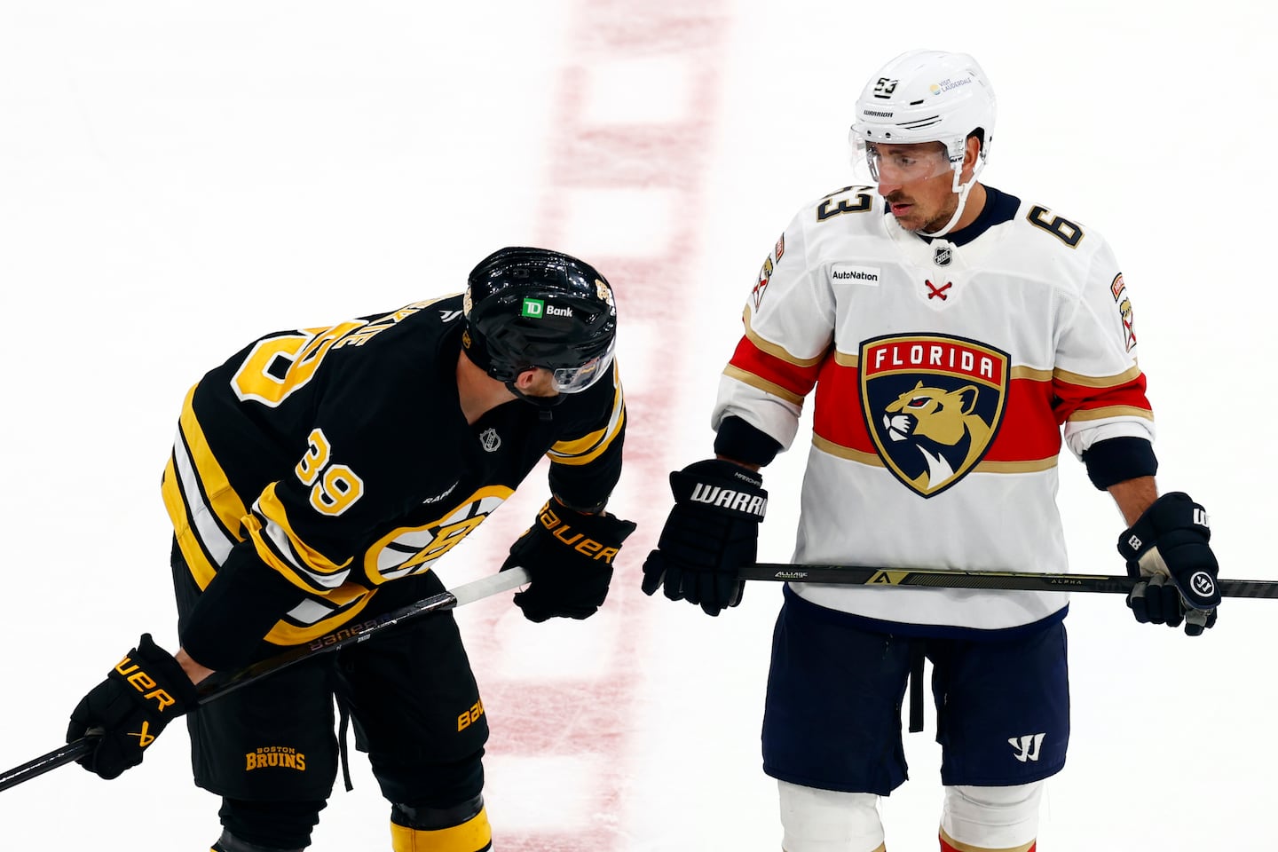 Morgan Geekie (left) and Brad Marchand (right) had a chance to catch up when the Panthers faced the Bruins on Tuesday.
