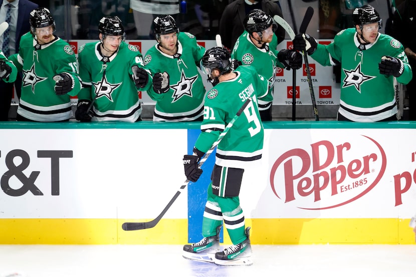 Dallas Stars center Tyler Seguin (91) is congratulated on his second period goal by...