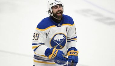 Buffalo Sabres right wing Alex Tuch celebrates after his goal during the third period of an NHL hockey game against the Washington Capitals, Sunday, March 30, 2025, in Washington. (AP Photo/Nick Wass) NHL