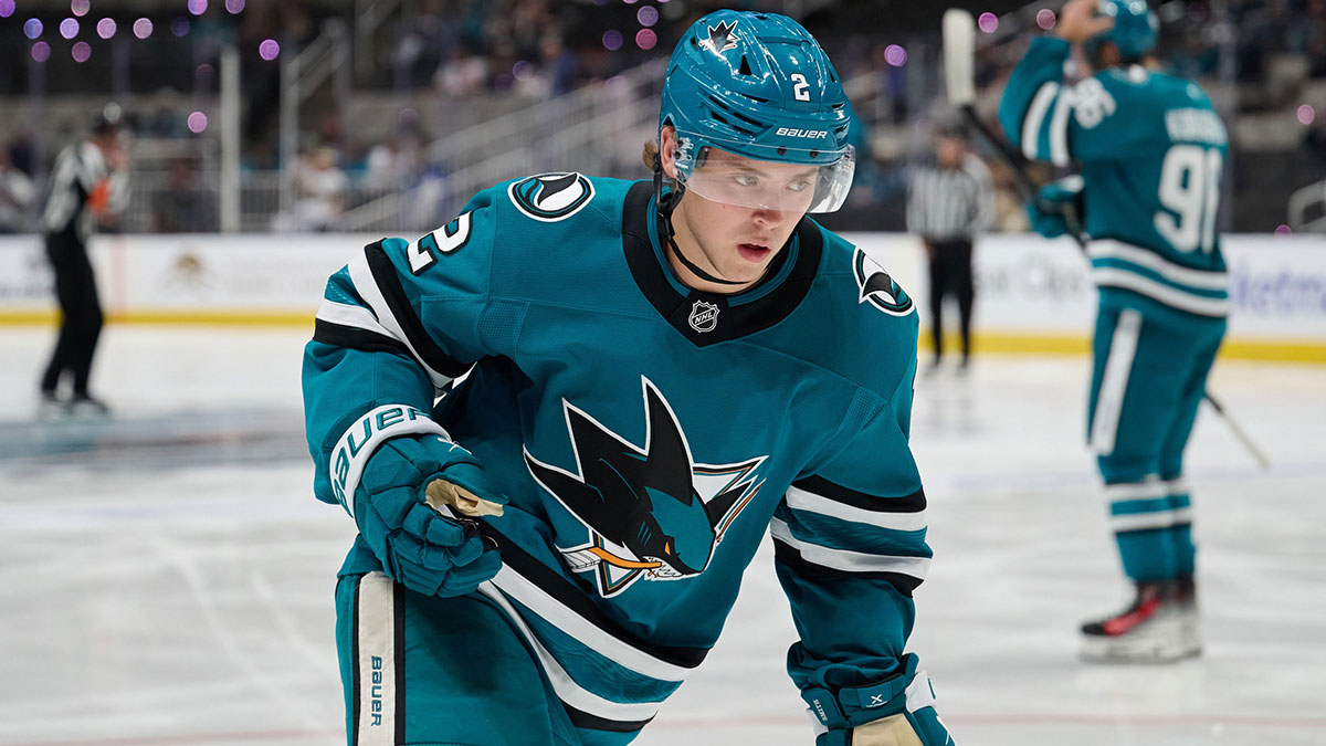 San Jose Sharks center Will Smith (2) skates before the first period against the Vegas Golden Knights at SAP Center at San Jose. 