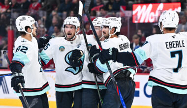 Seattle Kraken celebrate goal Montreal Canadiens 2025...