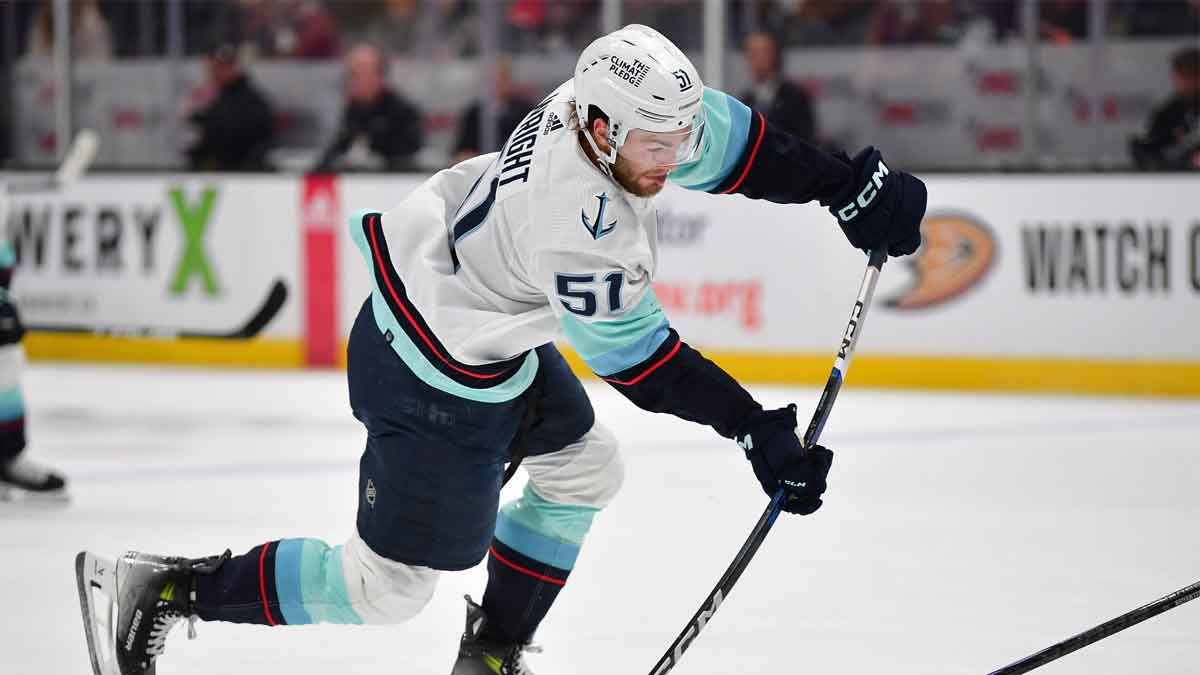 Apr 5, 2024; Anaheim, California, USA; Seattle Kraken center Shane Wright (51) shoots on goal against the Anaheim Ducks during the first period at Honda Center. Mandatory Credit: Gary A. Vasquez-USA TODAY Sports