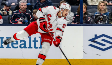 Sebastian Aho #20 skating for the Carolina Hurricanes