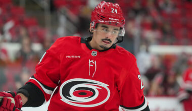 New York Islanders center Mathew Barzal (13) skates with the puck against the San Jose Sharks during the second period at UBS Arena.