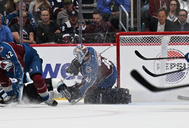 Colorado Avalanche goaltender Scott Wedgewood (41) makes a save as the Avalanche play the Utah Mammoth at Ball Arena in Denver on Oct. 9, 2025. (Photo by RJ Sangosti/The Denver Post)
