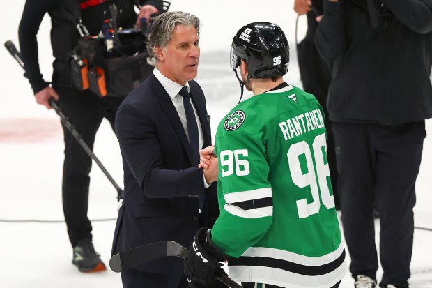 Head coach Jared Bednar of the Colorado Avalanche shakes hands with Mikko Rantanen #96 of the Dallas Stars after the Stars 4-2 win in Game Seven of the First Round of the 2025 Stanley Cup Playoffs at American Airlines Center on May 03, 2025 in Dallas, Texas. (Photo by Richard Rodriguez/Getty Images)