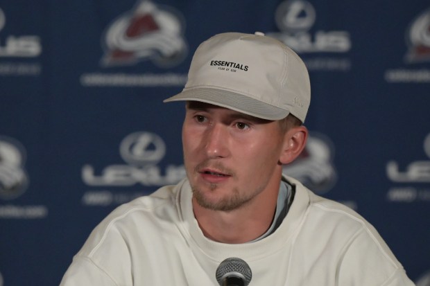 Colorado Avalanche Martin Necas answers questions from reporters at Ball Arena in Denver on Wednesday, Sept. 17, 2025. (Photo by Hyoung Chang/The Denver Post)