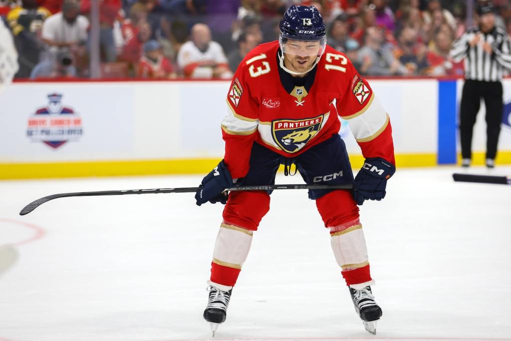Oct 8, 2024; Sunrise, Florida, USA; Florida Panthers center Sam Reinhart (13) looks on against the Boston Bruins during the second period at Amerant Bank Arena. Mandatory Credit: Sam Navarro-Imagn Images