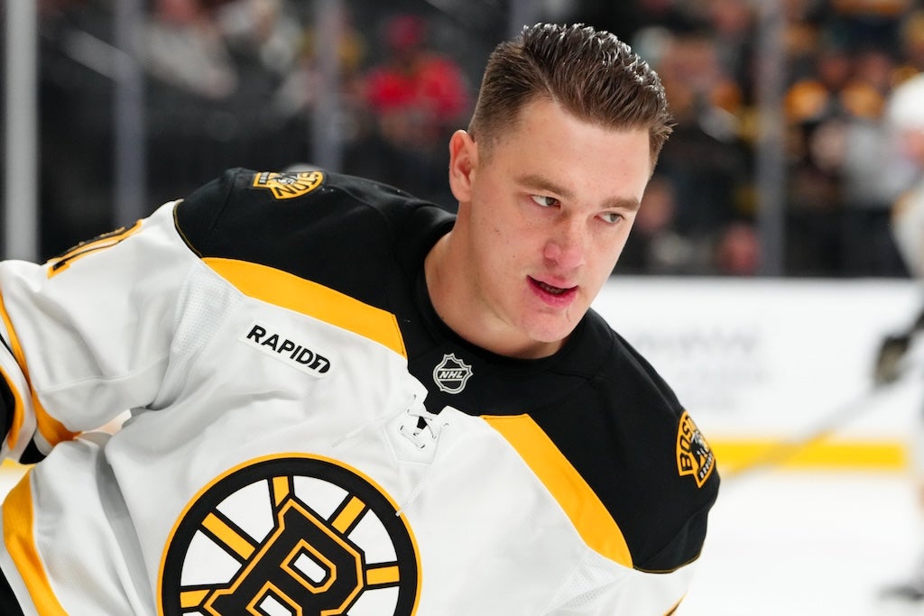 Mar 20, 2025; Las Vegas, Nevada, USA; Boston Bruins defenseman Nikita Zadorov (91) warms up before a game against the Vegas Golden Knights at T-Mobile Arena. Mandatory Credit: Stephen R. Sylvanie-Imagn Images