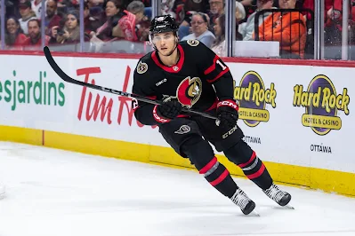 Ottawa Senators forward Shane Pinto skates during 2025 game.