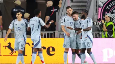 Sep 30, 2025; Fort Lauderdale, Florida, USA; Chicago Fire defender Jonathan Dean (24) celebrates with teammates after scoring against nter Miami CF during the first half at Chase Stadium.