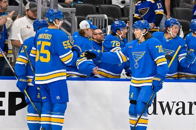 Oskar Sundqvist, St. Louis Blues center Oskar Sundqvist, St. Louis Blues center, with teammates