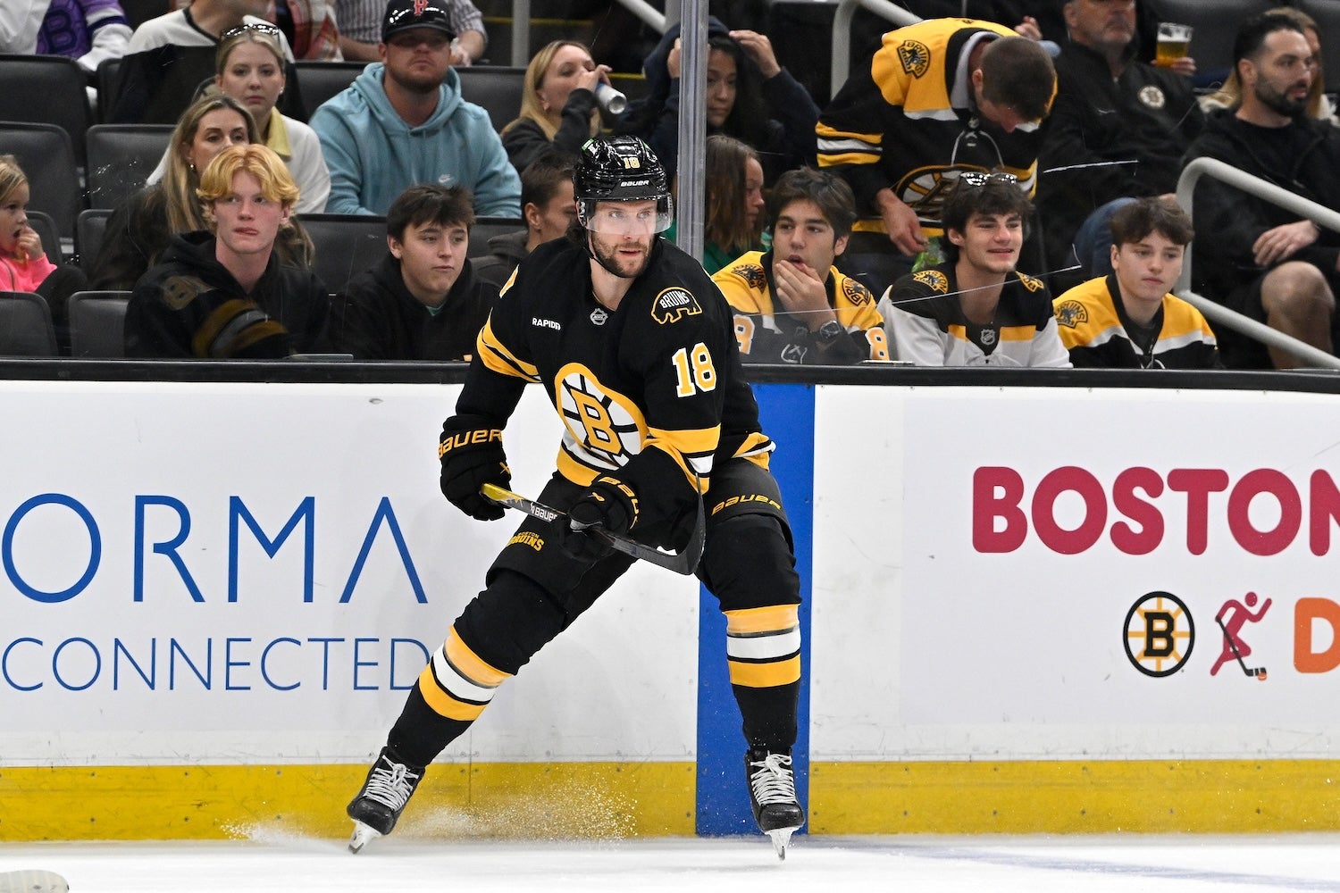 Sep 29, 2025; Boston, Massachusetts, USA; Boston Bruins center Pavel Zacha (18) watches the action at the blue line during the second period against the Philadelphia Flyers at TD Garden. Mandatory Credit: Eric Canha-Imagn Images