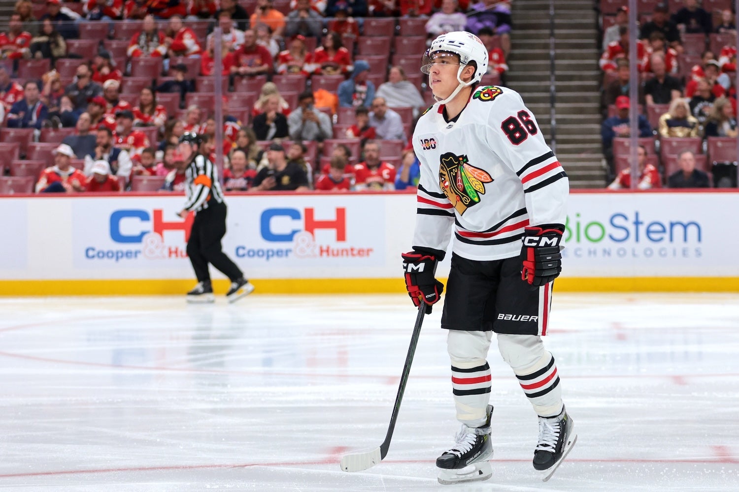 Oct 7, 2025; Sunrise, Florida, USA; Chicago Blackhawks center Teuvo Teravainen (86) looks on after scoring against the Florida Panthers during the second period at Amerant Bank Arena. Mandatory Credit: Sam Navarro-Imagn Images