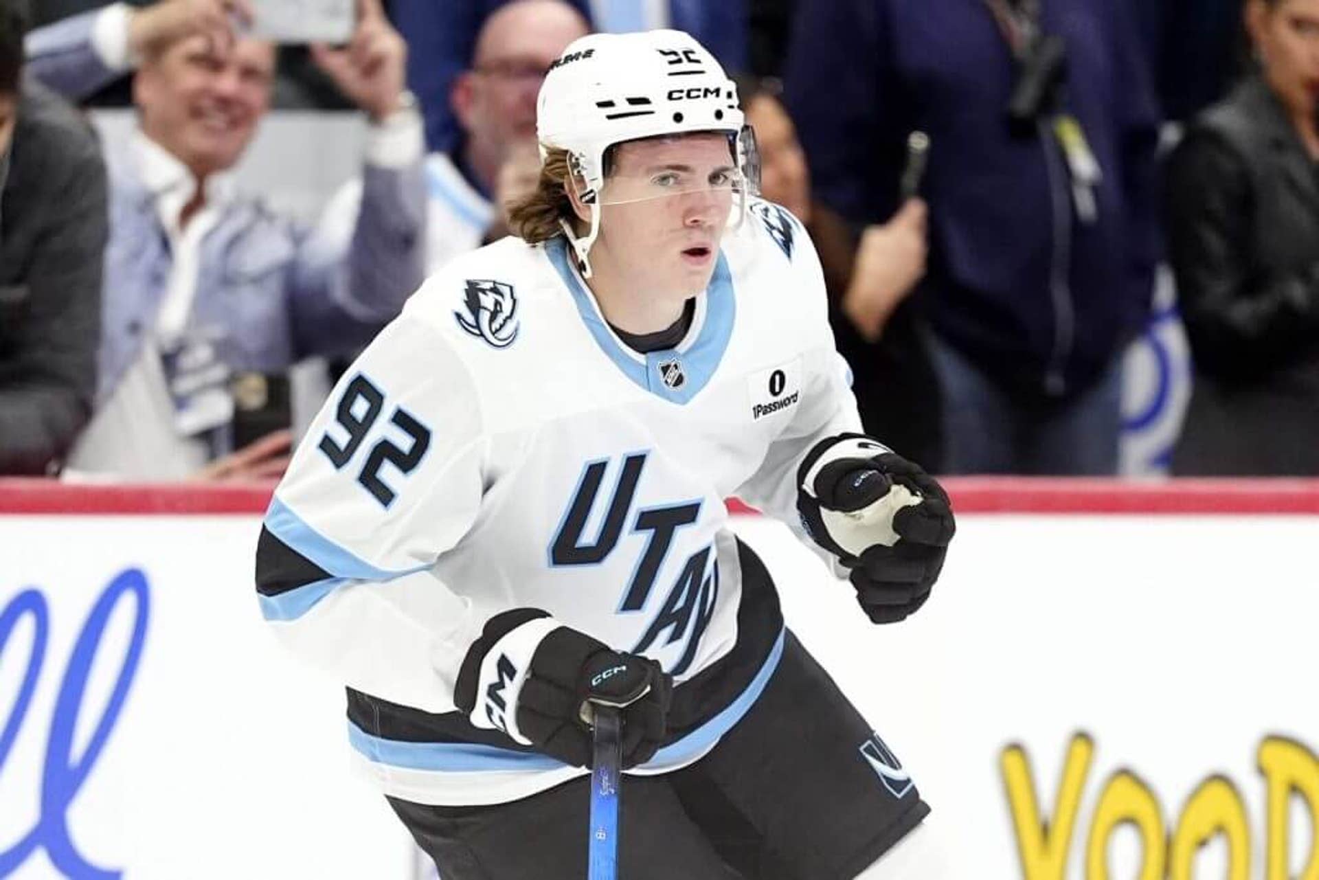 Utah Mammoth center Logan Cooley warms up before a game against the Colorado Avalanche at Ball Arena.