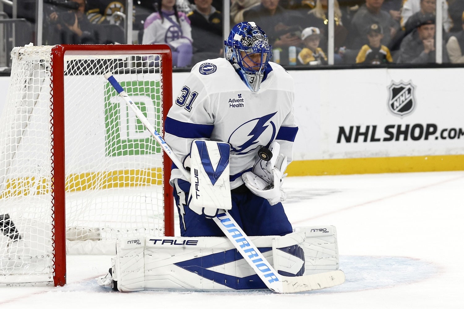 Oct 13, 2025; Boston, Massachusetts, USA; Tampa Bay Lightning goaltender Jonas Johansson (31) makes a save against the Boston Bruins during the second period at TD Garden. Mandatory Credit: Winslow Townson-Imagn Images