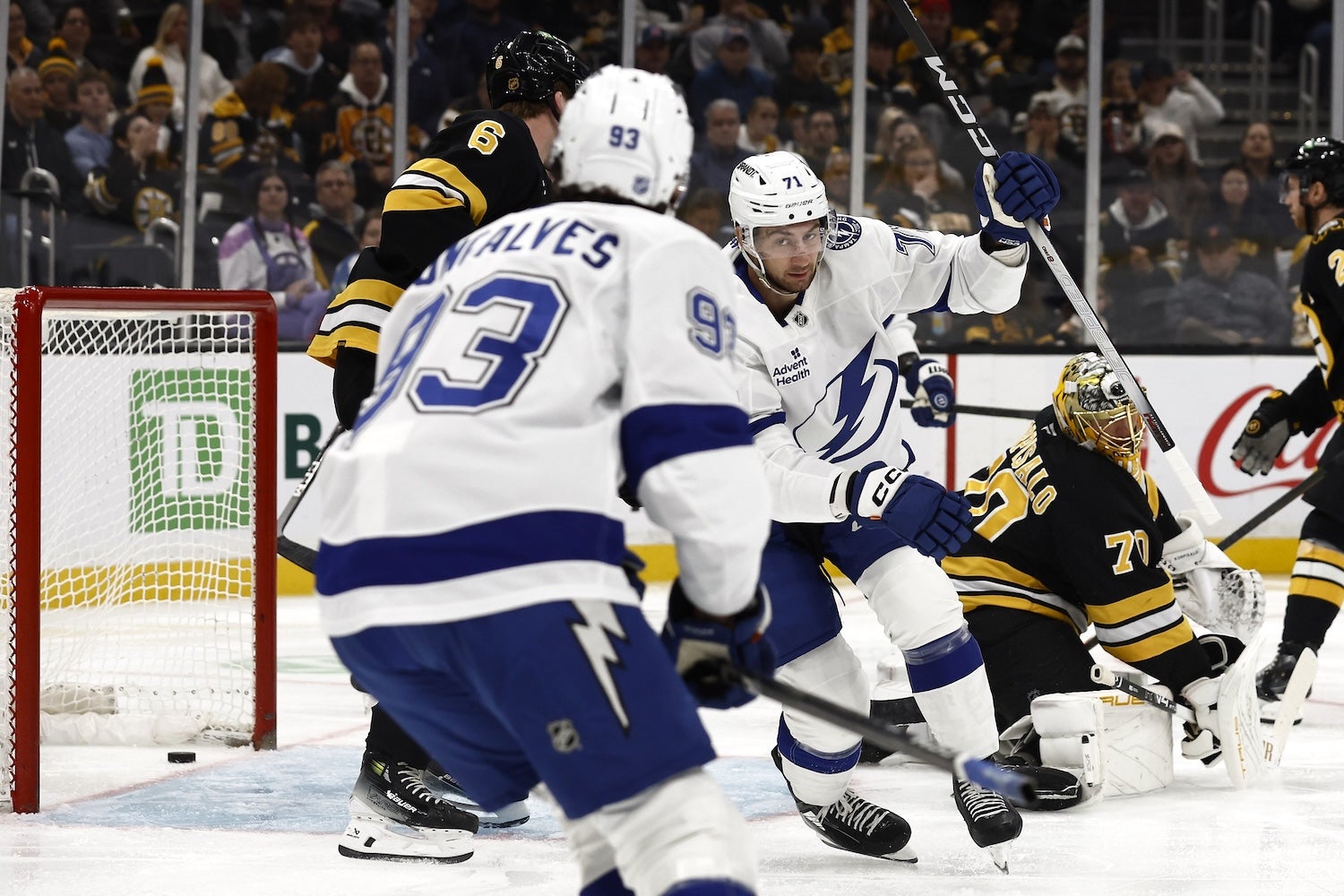 Oct 13, 2025; Boston, Massachusetts, USA; Tampa Bay Lightning center Anthony Cirelli (71) celebrates his goal against the Boston Bruins during the first period at TD Garden. Mandatory Credit: Winslow Townson-Imagn Images