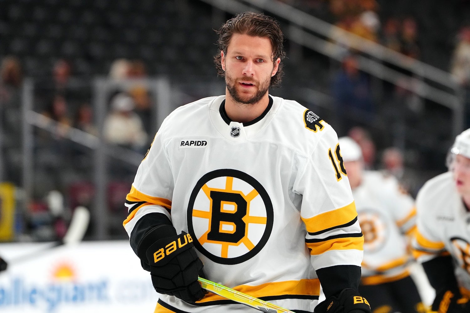 Oct 16, 2025; Las Vegas, Nevada, USA; Boston Bruins center Pavel Zacha (18) warms up before a game against the Vegas Golden Knights at T-Mobile Arena. Mandatory Credit: Stephen R. Sylvanie-Imagn Images