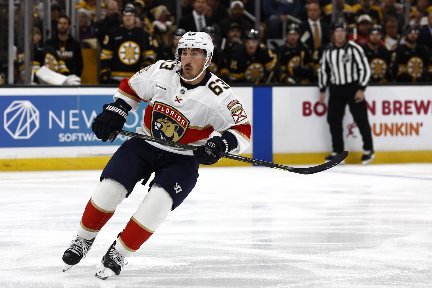 Oct 21, 2025; Boston, Massachusetts, USA; Florida Panthers left wing Brad Marchand (63) skates against the Boston Bruins during the first period at TD Garden. Mandatory Credit: Winslow Townson-Imagn Images