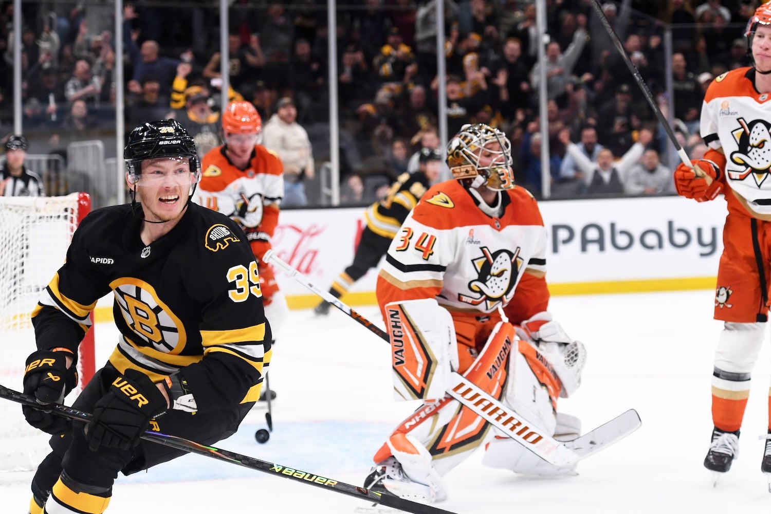 Oct 23, 2025; Boston, Massachusetts, USA; Boston Bruins center Morgan Geekie (39) reacts after scoring a goal during the third period against the Anaheim Ducks at TD Garden. Mandatory Credit: Bob DeChiara-Imagn Images