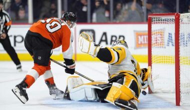 Oct 28, 2025; Philadelphia, Pennsylvania, USA; Philadelphia Flyers right wing Bobby Brink (10) scores a shootout goal against Pittsburgh Penguins goalie Arturs Silovs (37) in overtime at Xfinity Mobile Arena.