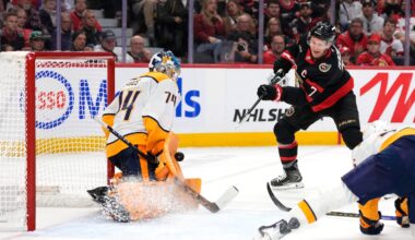 Predators goalie Juuse Saros makes a save on the Senators' Brady Tkachuk in the second period Monday night. Tkachuk was injured in the first period but stayed in the game until leaving in the third period.