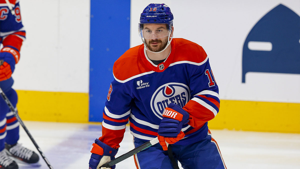 Edmonton Oilers left wing Zach Hyman (18) skates in warmup prior to the game against the Dallas Stars in game four of the Western Conference Final of the 2025 Stanley Cup Playoffs at Rogers Place. Hyman leaves game in first period and will not return.