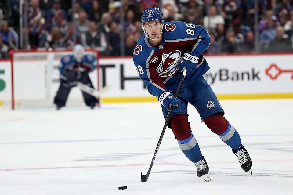 Martin Necas of the Colorado Avalanche plays the Utah Mammoth in the second period at Ball Arena on October 9, 2025 in Denver, Colorado.