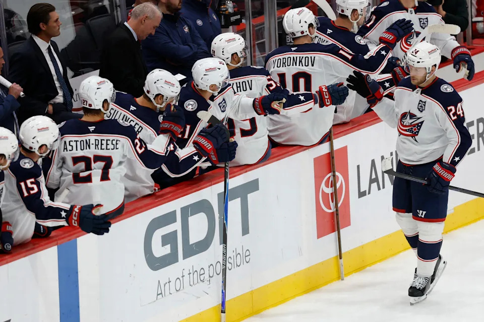 Blue Jackets right wing Mathieu Olivier celebrates with teammates after scoring a goal against the Capitals on Oct. 4.