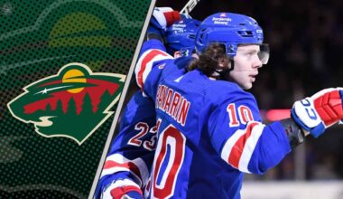 New York Rangers forward Artemi Panarin celebrates a goal, with a Minnesota Wild logo featured prominently, representing a major NHL trade rumor.