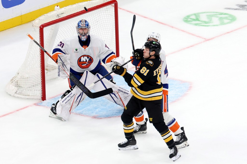 Boston Bruins center Michael Eyssimont (81) attempts to score against New York Islanders goaltender Ilya Sorokin (30).
