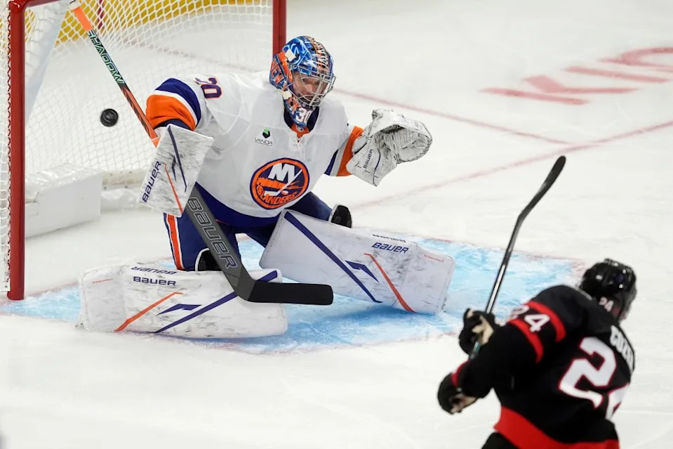 Ilya Sorokin makes a save on Dylan Cozens during the first period of the Islanders’ road win over the Senators. AP