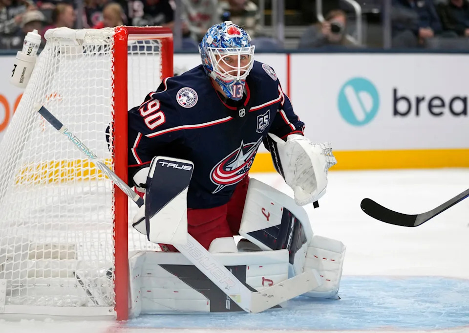 Blue Jackets goaltender Elvis Merzlikins watches the puck against Sabres on Sept. 22.