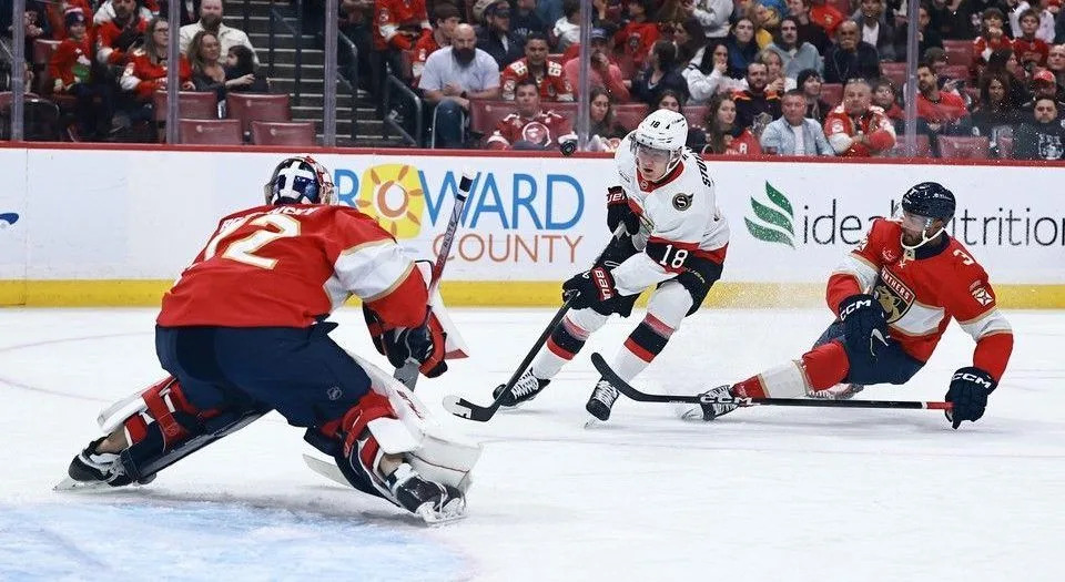  Tim Stutzle of the Senators puts a puck on net against Sergei Bobrovsky of the Panthers during the first period of Saturday night’s game.