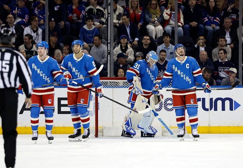 Rangers goaltender Igor Shesterkin reacts in front of the net after allowing the Minnesota Wild to score. JASON SZENES/ NY POST