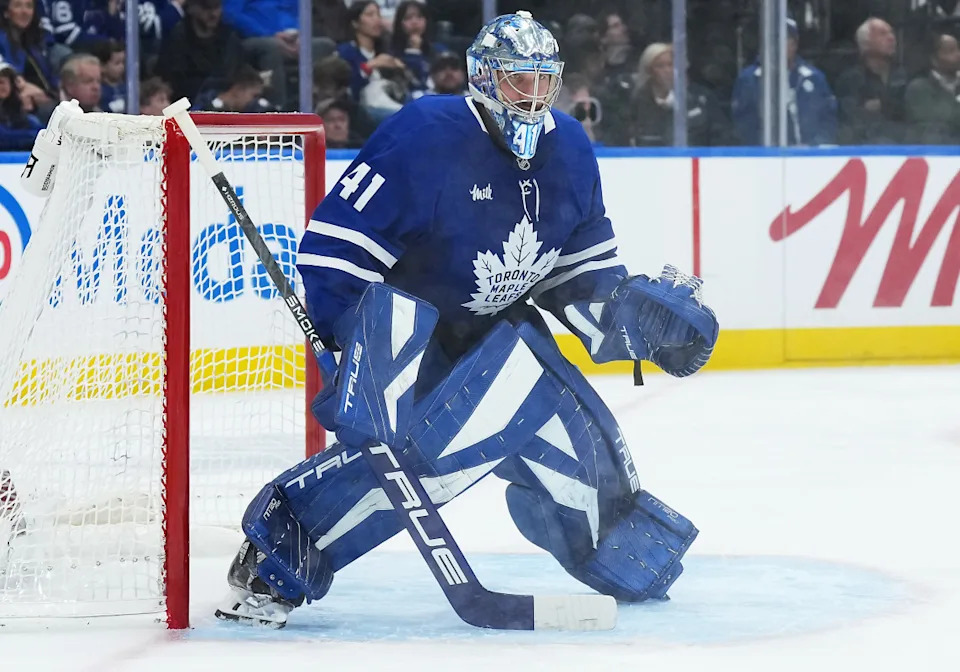 Toronto Maple Leafs goaltender Anthony Stolarz defends the net.Nick Turchiaro-Imagn Images