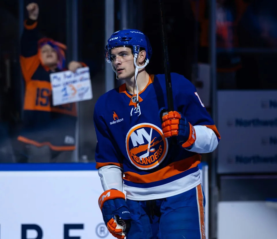 Mathew Barzal salutes the crowd during the three stars presentation after the Islanders home win over the Blue on Jan. 20, 2025. NHLI via Getty Images