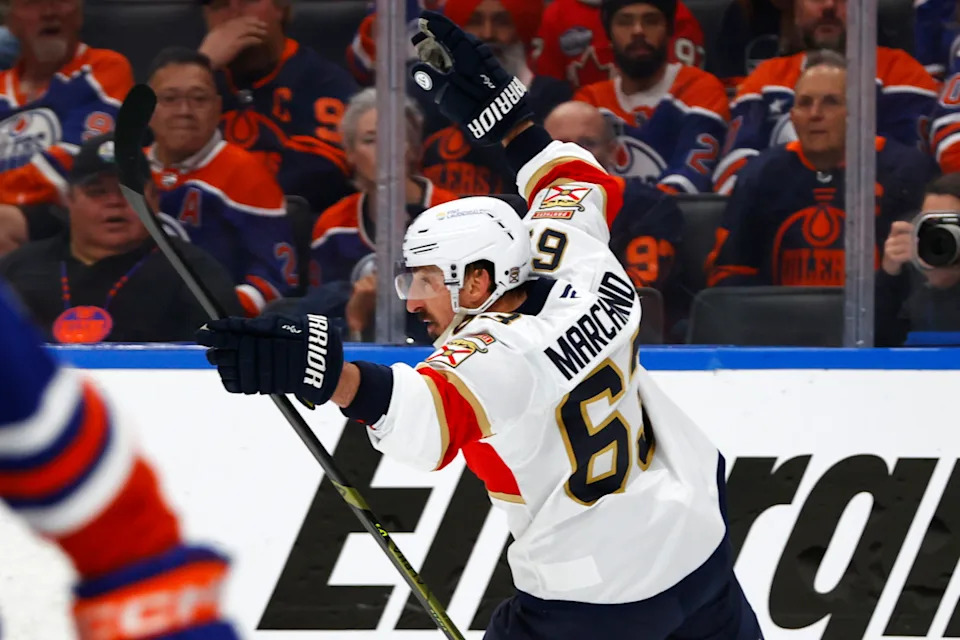 Florida Panthers center Brad Marchand (63) reacts after scoring a goal.Perry Nelson-Imagn Images
