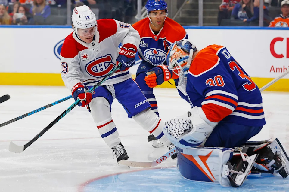 Edmonton Oilers goaltender Calvin Pickard (30) makes a save on Montreal Canadiens forward Cole Caufield (13) during the second period at Rogers Place. Perry Nelson-Imagn ImagesPerry Nelson-Imagn Images