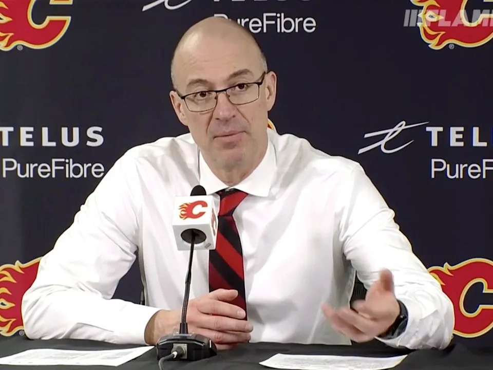  Calgary Flames coach Ryan Huska speaks during a post-game press conference.
